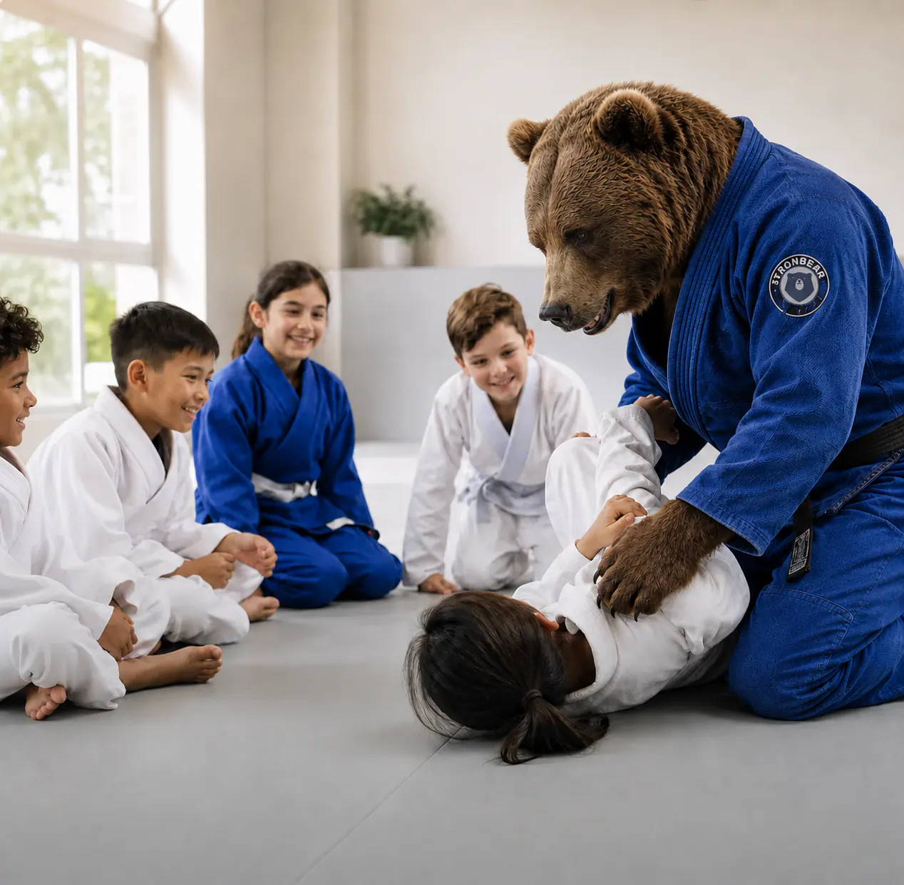 Enfants apprenant le Jiu-Jitsu avec l’ourson Strongbear